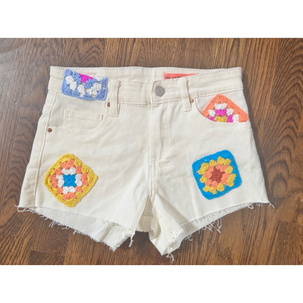 BlankNYC Girls‎ Off White Denim Crochet Square Patch Cut Off Shorts Size 10